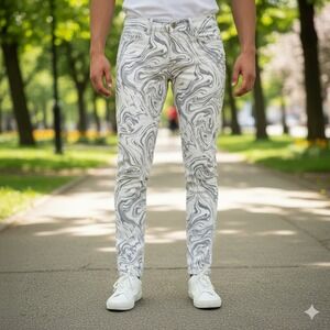 BoohooMAN Relaxed Fit Swirl Print Jeans 34x30 Gray White Marble Y2K Streetwear
